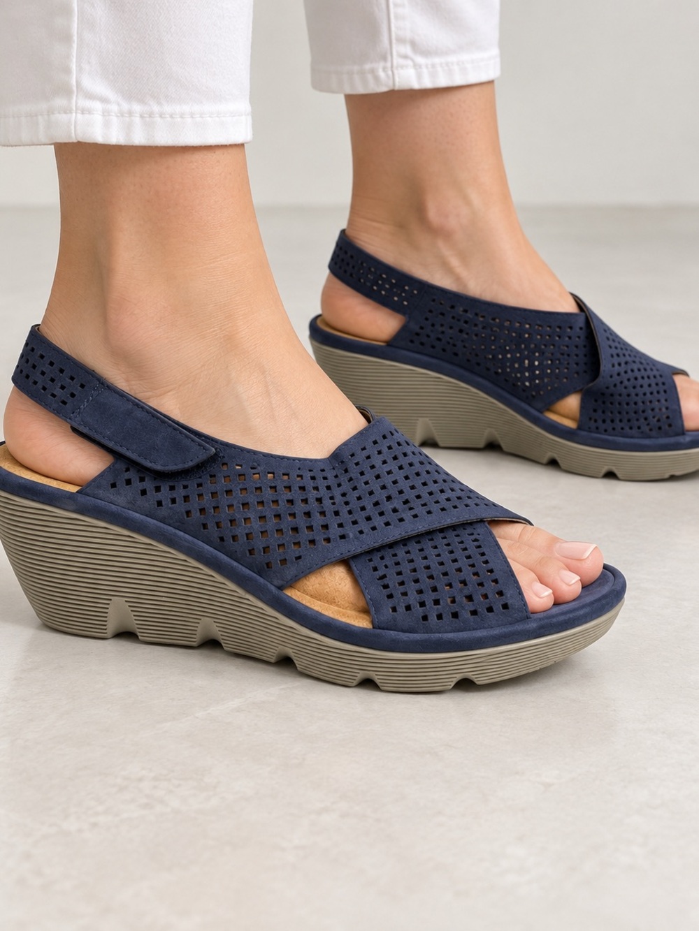 Clarks Navy Perforated Wedge Sandals